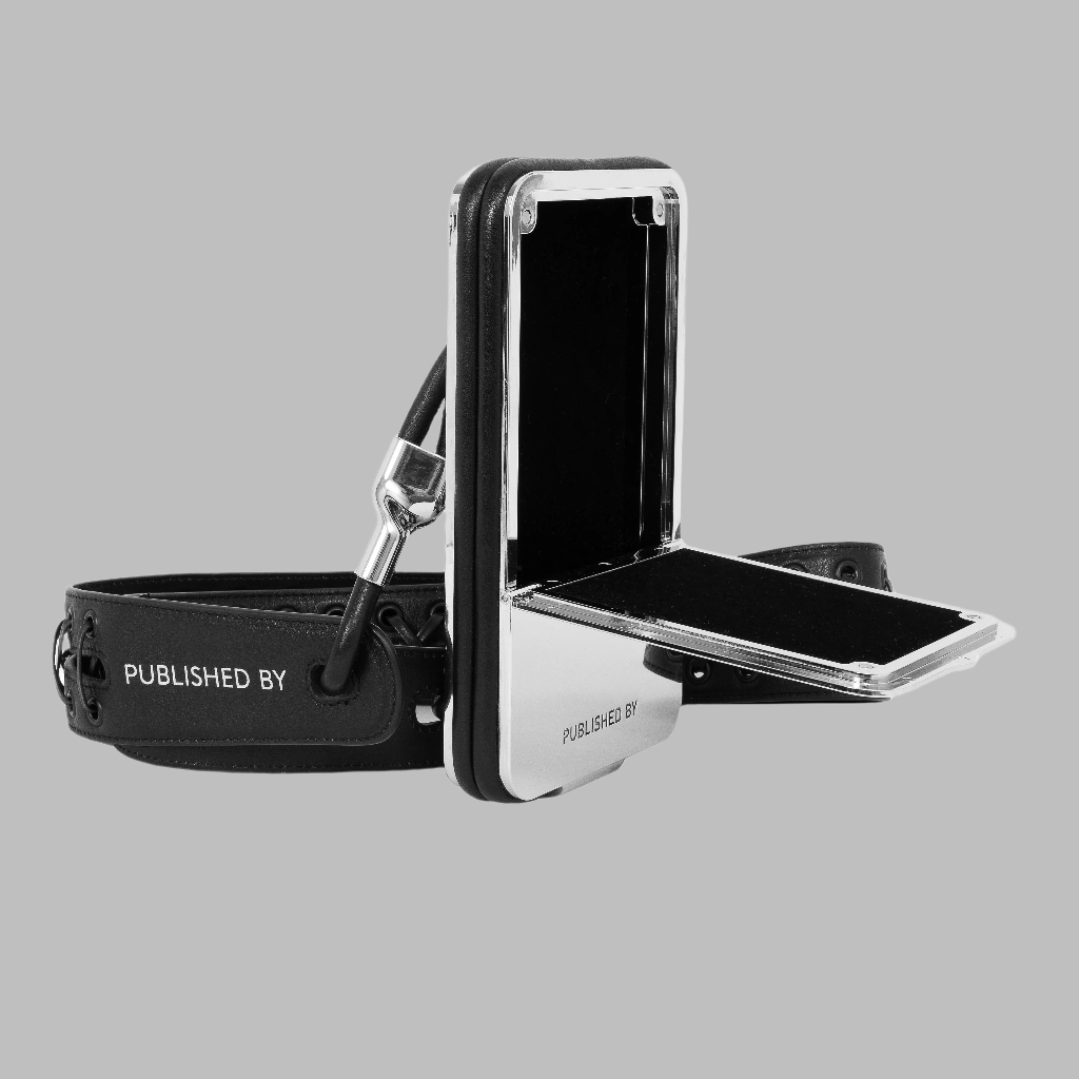 Phone Case in Chrome with Rubber and Leather Strap